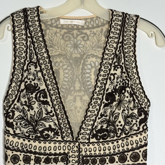 Naeem Khan Ivory & Brown Silk Embroidered Top Women’s Size 4 - Picture 5 of 10